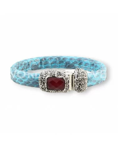 Bracciale Di Pelle Con Centrali Strass Marcasite Chiusura Magnetica - Color Turchese e Giada Rubellite-BRACCIALI DI ECOPELLE | Worldofjewel.com