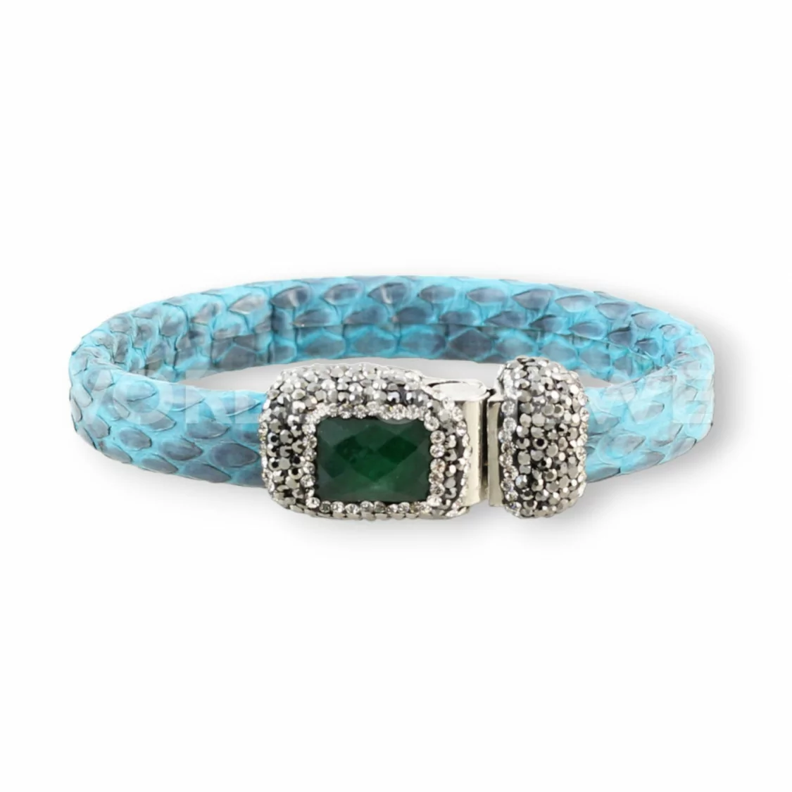 Bracciale Di Pelle Con Centrali Strass Marcasite Chiusura Magnetica - Color Turchese e Giada Smeraldite-BRACCIALI BIJOUX | Worldofjewel.com