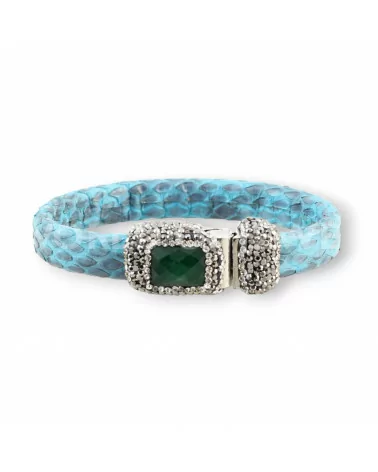 Bracciale Di Pelle Con Centrali Strass Marcasite Chiusura Magnetica - Color Turchese e Giada Smeraldite-BRACCIALI BIJOUX | Worldofjewel.com