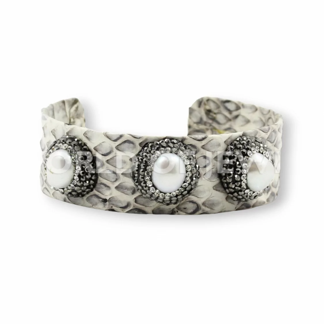 Bracciale Di Pelle Con Strass Marcasite, Perle Di Fiume E Pietre Dure 2cm Bianco-BRACCIALI BIJOUX | Worldofjewel.com