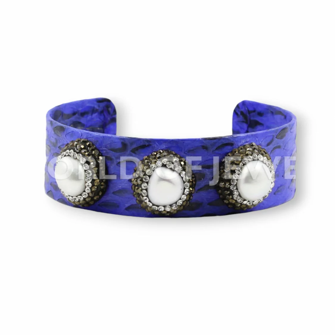 Bracciale Di Pelle Con Strass Marcasite, Perle Di Fiume E Pietre Dure 2cm Blu-BRACCIALI BIJOUX | Worldofjewel.com