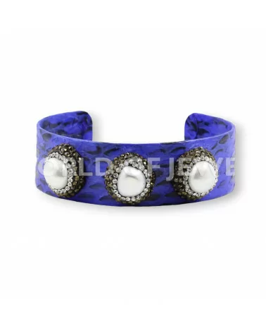 Bracciale Di Pelle Con Strass Marcasite, Perle Di Fiume E Pietre Dure 2cm Blu-BRACCIALI DI ECOPELLE | Worldofjewel.com