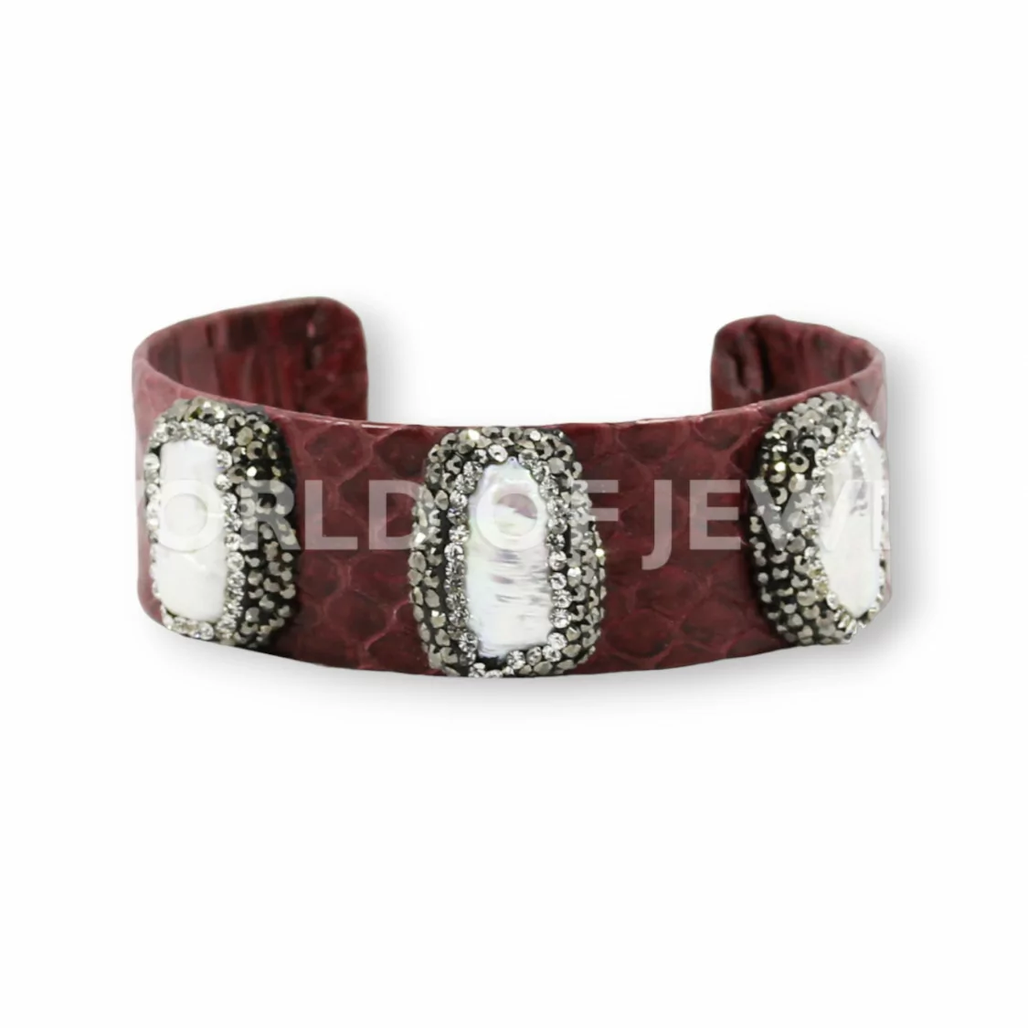 Bracciale Di Pelle Con Strass Marcasite, Perle Di Fiume E Pietre Dure 2cm Rosso-BRACCIALI BIJOUX | Worldofjewel.com