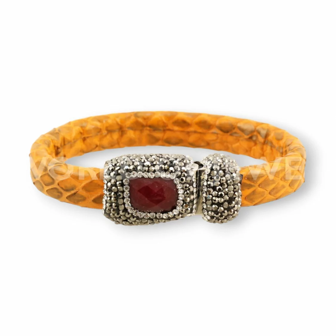 Bracciale Di Pelle Con Centrali Strass Marcasite Chiusura Magnetica - Color Arancio e Giada Rubellite-BRACCIALI BIJOUX | Worldofjewel.com