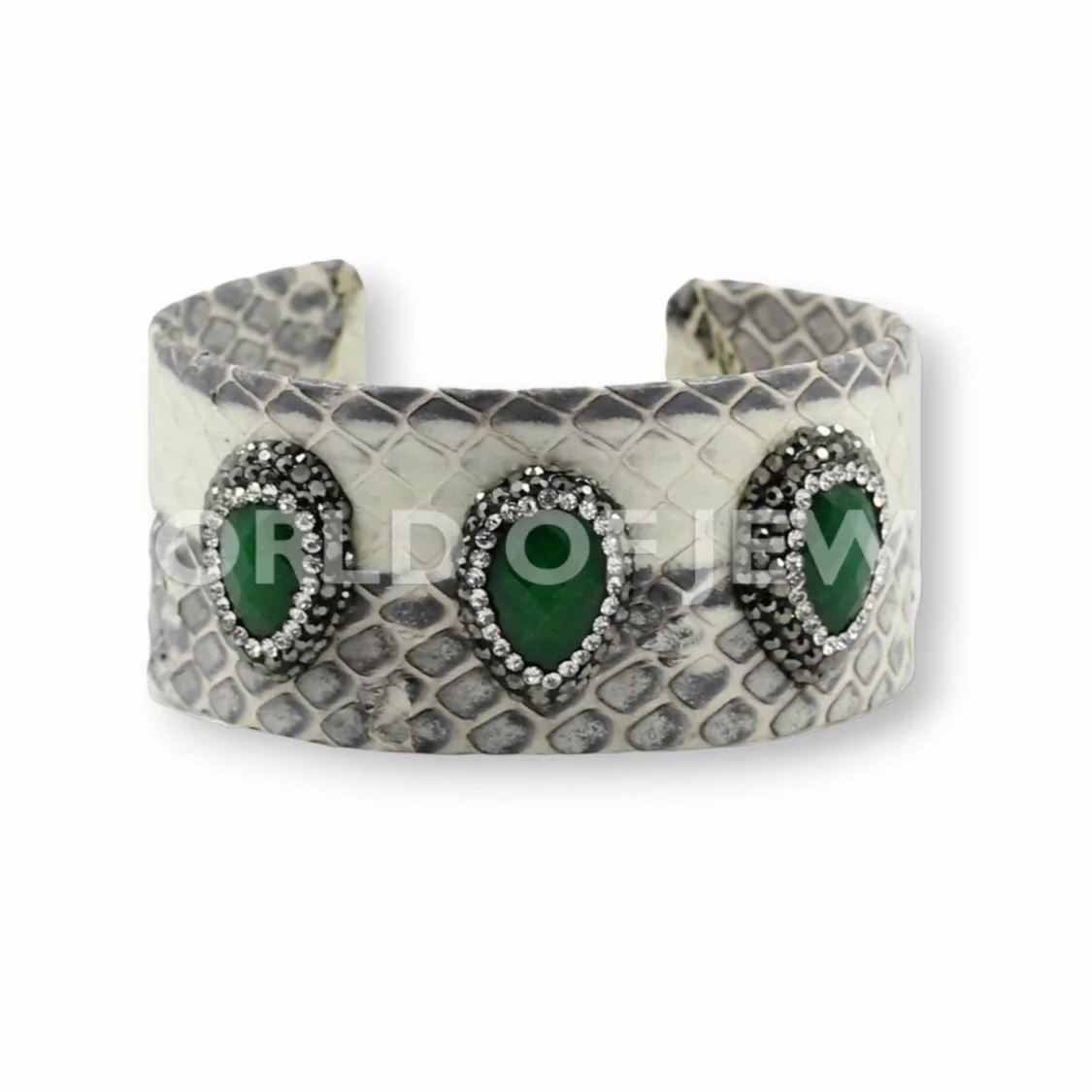 Bracciale Di Pelle Con Strass Marcasite, Perle Di Fiume E Pietre Dure 3cm Bianco E Giada Smeraldo-BRACCIALI BIJOUX | Worldofjewel.com