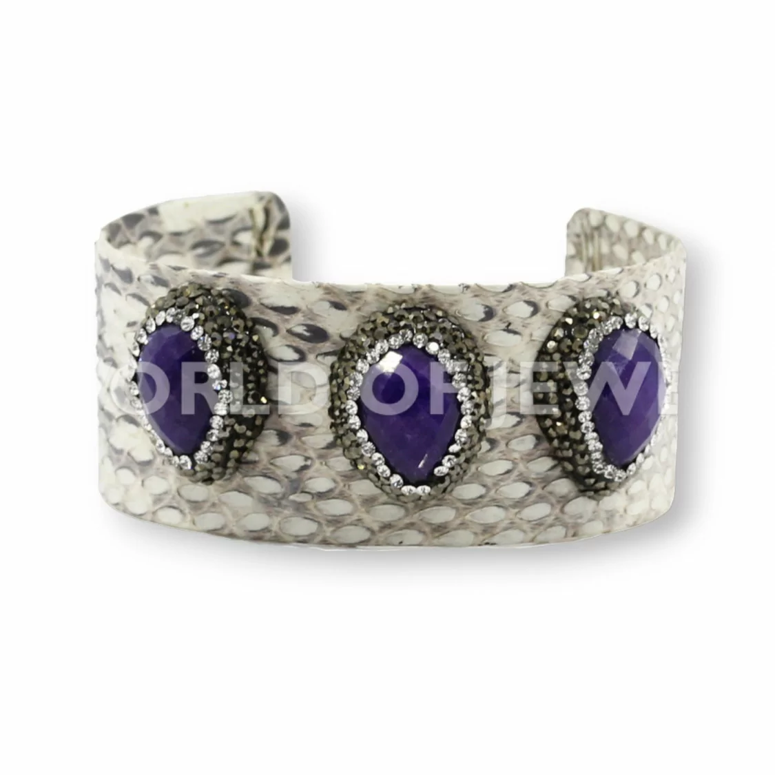 Bracciale Di Pelle Con Strass Marcasite, Perle Di Fiume E Pietre Dure 3cm Bianco E Giada Zaffiro-BRACCIALI BIJOUX | Worldofjewel.com