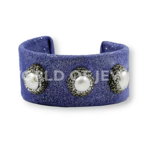 Bracciale Di Pelle Con Strass Marcasite, Perle Di Fiume E Pietre Dure 3cm Blu-BRACCIALI DI ECOPELLE | Worldofjewel.com