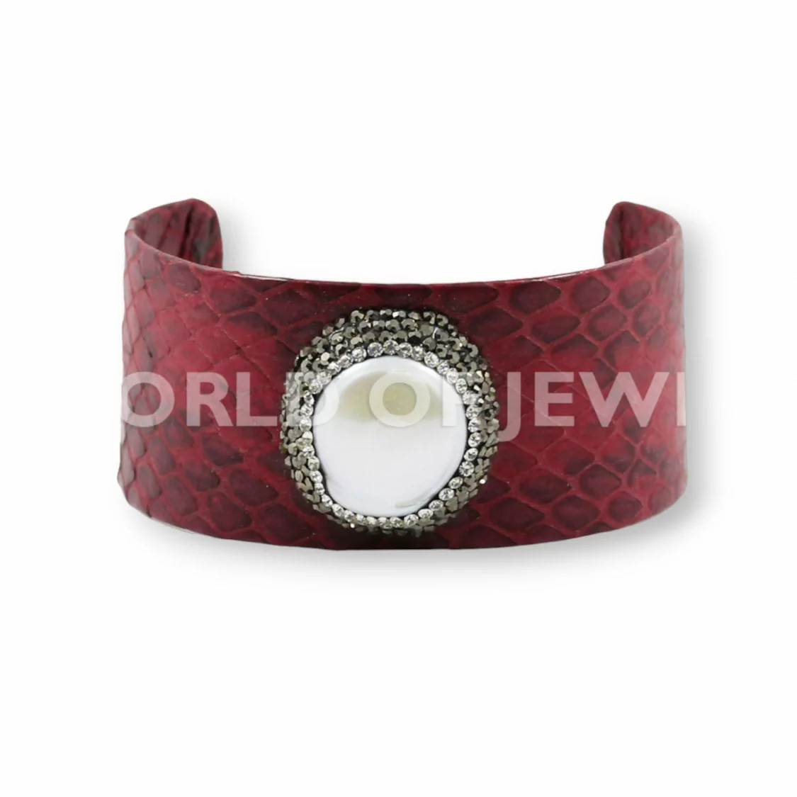 Bracciale Di Pelle Con Strass Marcasite, Perle Di Fiume E Pietre Dure 3cm Rosso-BRACCIALI BIJOUX | Worldofjewel.com