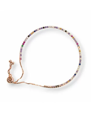 Bracciale Di Argento 925 Tennis Saliscendi Con Zirconi 2mm Oro Rosa + Multicolor Con Misura Regolabile 2pz-BRACCIALI TENNIS | Worldofjewel.com