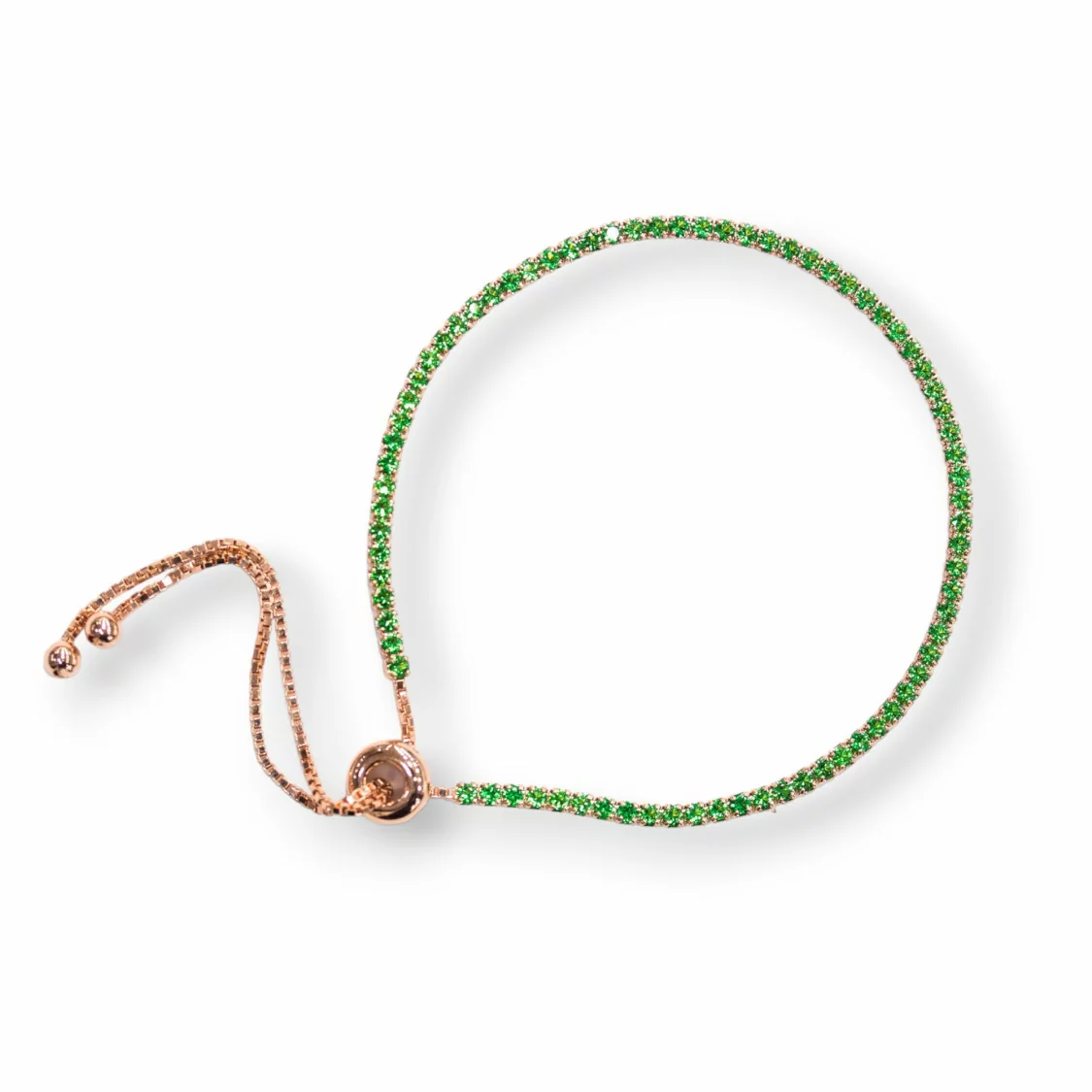 Bracciale Di Argento 925 Tennis Saliscendi Con Zirconi 2mm Oro Rosa + Verde Smeraldo Con Misura Regolabile 2pz-BRACCIALI TENNIS | Worldofjewel.com