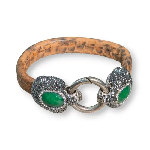 Bracciale Di Pelle Con Centrali Strass Marcasite Chiusura A Scatto - Color Arancio e Giada Smeraldite-BRACCIALI BIJOUX | Worldofjewel.com