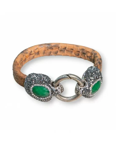 Bracciale Di Pelle Con Centrali Strass Marcasite Chiusura A Scatto - Color Arancio e Giada Smeraldite-BRACCIALI BIJOUX | Worldofjewel.com