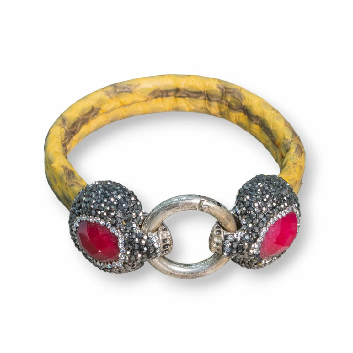 Bracciale Di Pelle Con Centrali Strass Marcasite Chiusura A Scatto - Color Giallo e Giada Rubellite-BRACCIALI BIJOUX | Worldofjewel.com