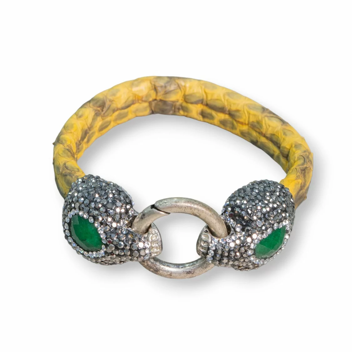 Bracciale Di Pelle Con Centrali Strass Marcasite Chiusura A Scatto - Color Giallo e Giada Smeraldite-BRACCIALI BIJOUX | Worldofjewel.com