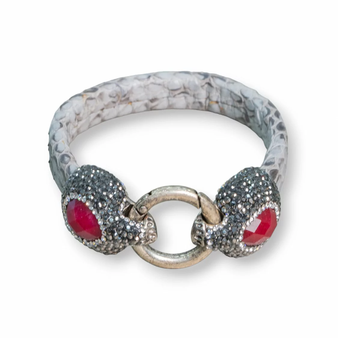 Bracciale Di Pelle Con Centrali Strass Marcasite Chiusura A Scatto - Color Grigio e Giada Rubellite-BRACCIALI BIJOUX | Worldofjewel.com