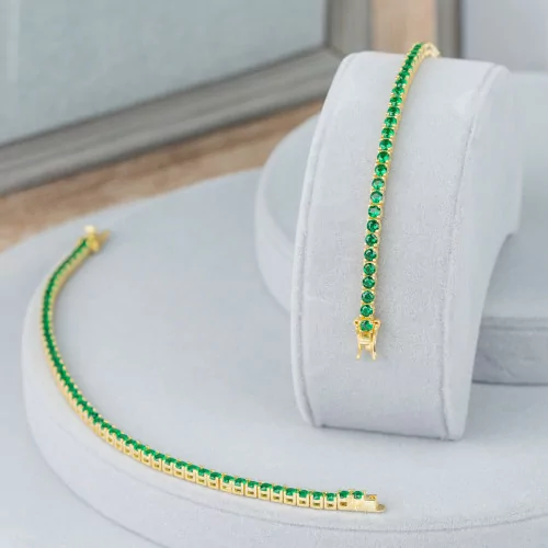 Bracciale Di Argento 925 Tennis Con Zircone Tondo da 3mm Lunghezza 18cm Dorato Verde-BRACCIALI TENNIS | Worldofjewel.com