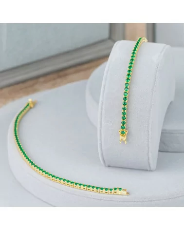 Bracciale Di Argento 925 Tennis Con Zircone Tondo da 3mm Lunghezza 18cm Dorato Verde-BRACCIALI TENNIS | Worldofjewel.com