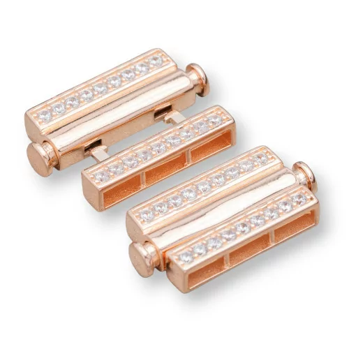 Chiusura Di Argento 925 Multifilo Con Zirconi Con Meccanismo a Pulsante 12,5x35mm 1pz Oro Rosa-CHIUSURE DI ARGENTO | Worldofjewel.com