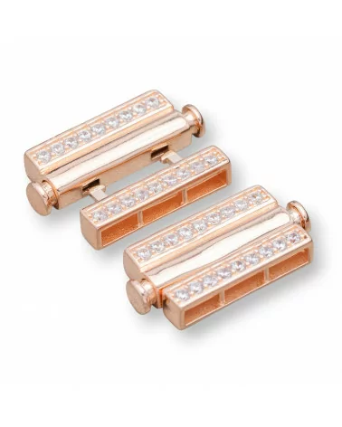 Chiusura Di Argento 925 Multifilo Con Zirconi Con Meccanismo a Pulsante 12,5x35mm 1pz Oro Rosa-CHIUSURE DI ARGENTO | Worldofjewel.com