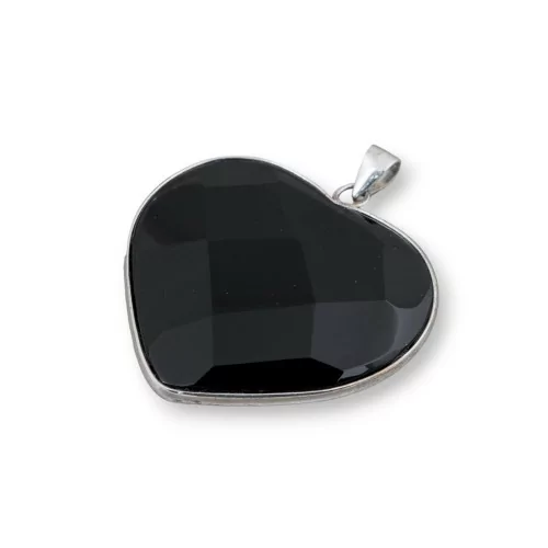 Ciondolo di Argento 925 E Onice Cuore Piatto Sfaccettato 40mm-CIONDOLI DI PIETRE DURE | Worldofjewel.com