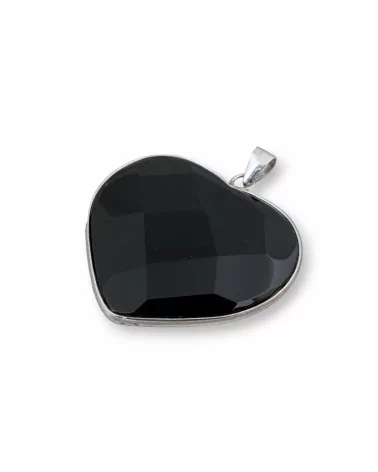 Ciondolo di Argento 925 E Onice Cuore Piatto Sfaccettato 40mm-CIONDOLI DI PIETRE DURE | Worldofjewel.com