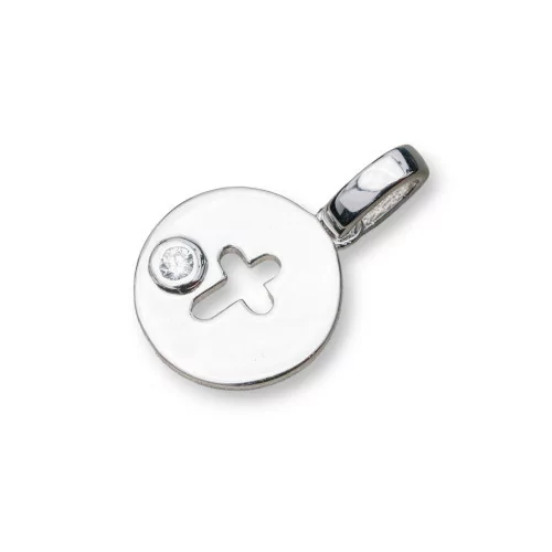 Ciondolo Pendente Di Argento 925 Coin Lucido 11mm Con Zirconi Incastonati A Croce 8pz Rodiato-ARGENTO 925 DESIGN ITALY | Worldofjewel.com