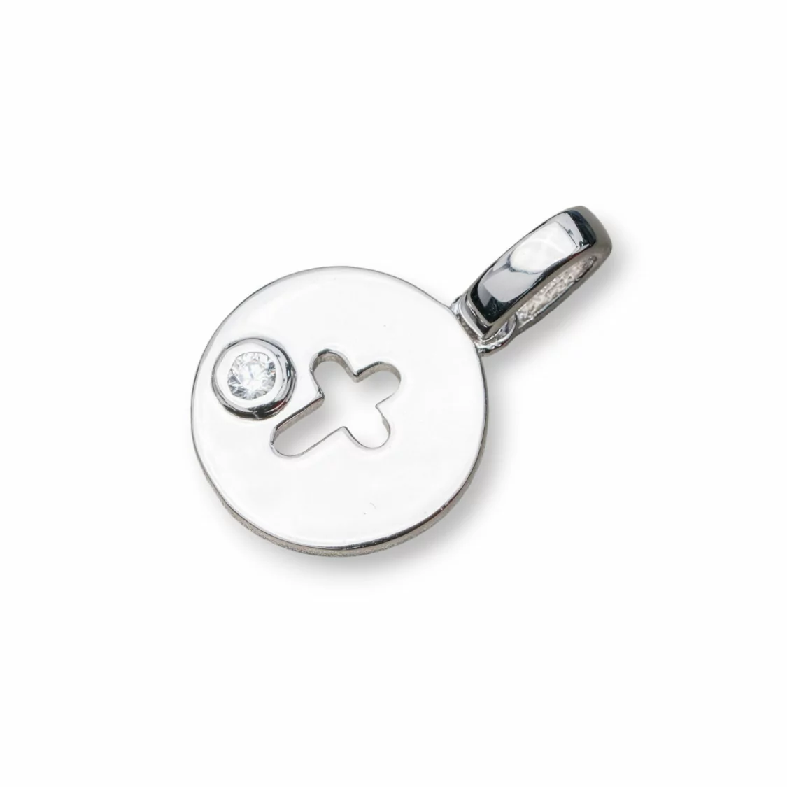 Ciondolo Pendente Di Argento 925 Coin Lucido 11mm Con Zirconi Incastonati A Croce 8pz Rodiato-ARGENTO 925 DESIGN ITALY | Worldofjewel.com