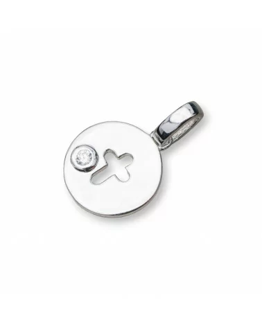 Ciondolo Pendente Di Argento 925 Coin Lucido 11mm Con Zirconi Incastonati A Croce 8pz Rodiato-ARGENTO 925 DESIGN ITALY | Worldofjewel.com