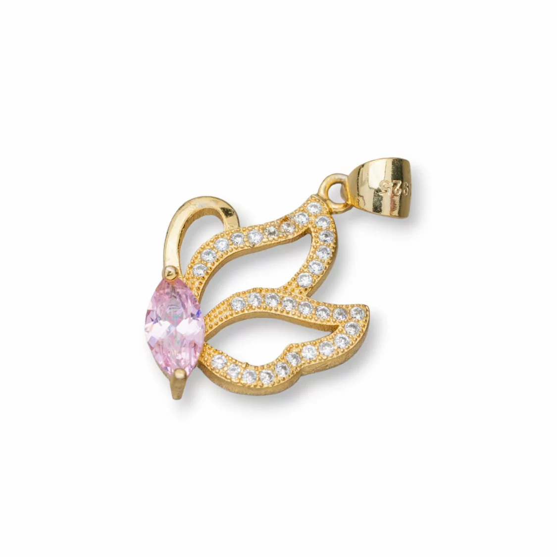 Ciondolo Pendente Di Argento 925 Con Zirconi Farfalla 15x26mm 3pz Dorato Rosa-ARGENTO 925 DESIGN ITALY | Worldofjewel.com