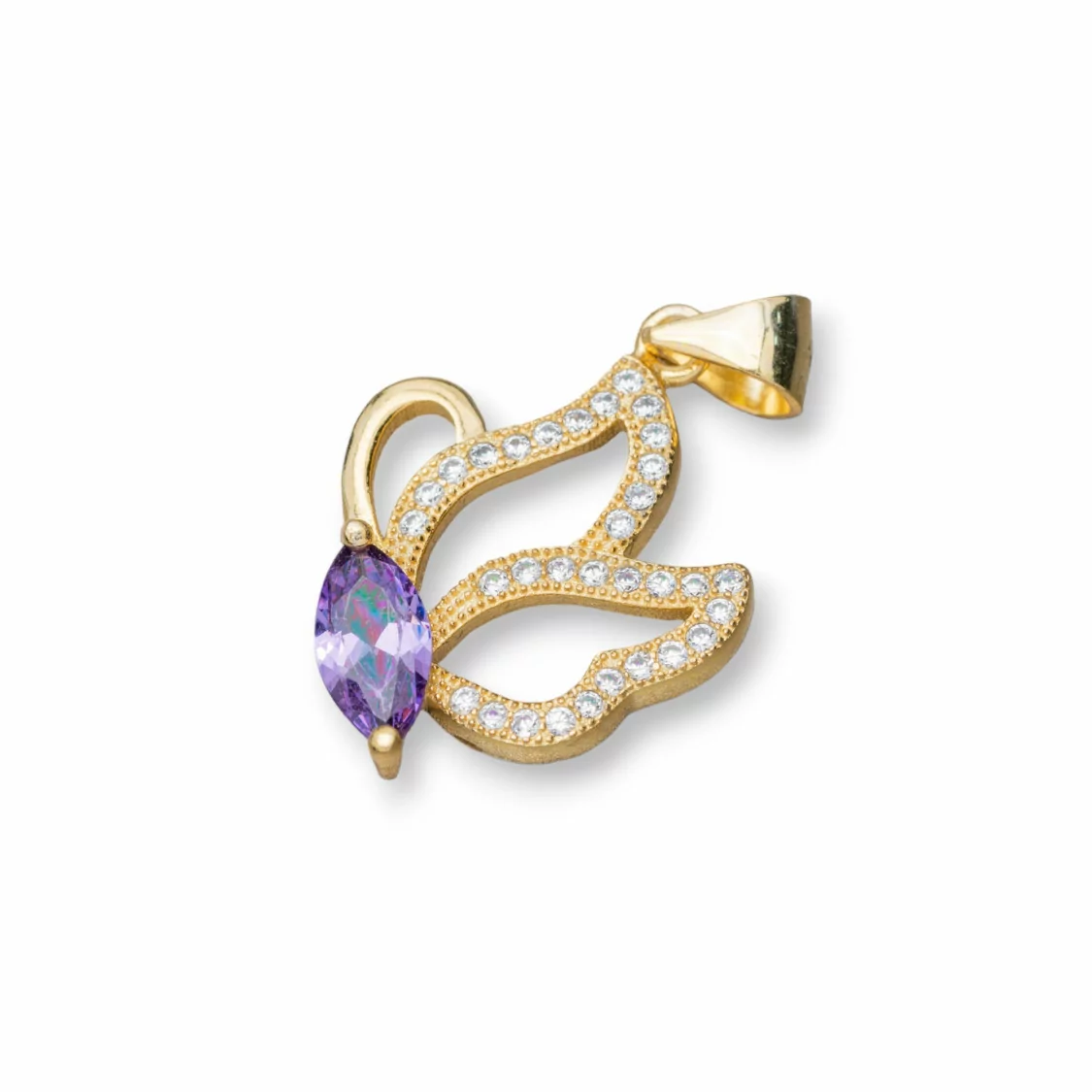 Ciondolo Pendente Di Argento 925 Con Zirconi Farfalla 15x26mm 3pz Dorato Viola-ARGENTO 925 DESIGN ITALY | Worldofjewel.com