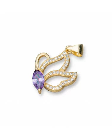 Ciondolo Pendente Di Argento 925 Con Zirconi Farfalla 15x26mm 3pz Dorato Viola-ARGENTO 925 DESIGN ITALY | Worldofjewel.com