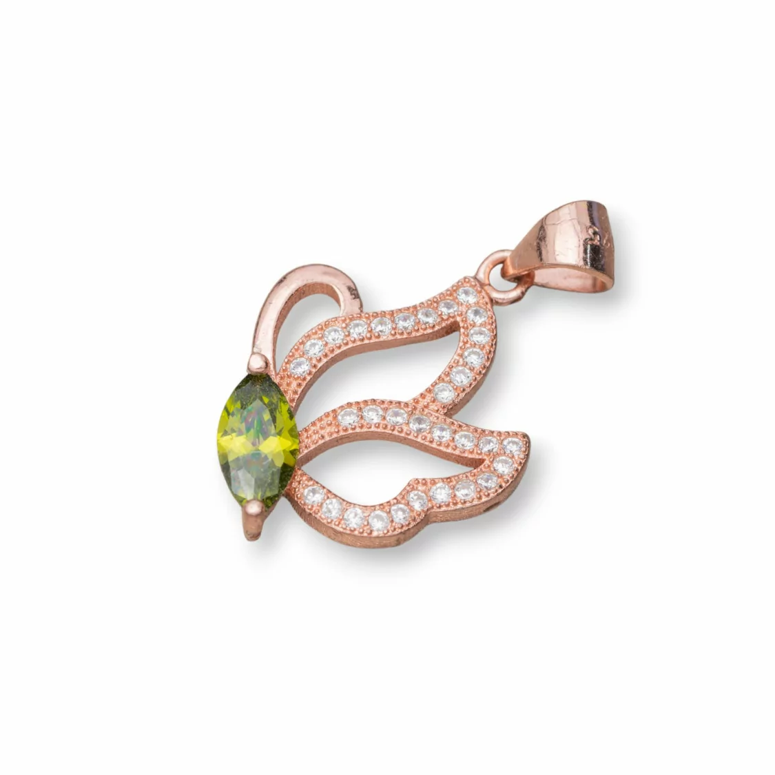 Ciondolo Pendente Di Argento 925 Con Zirconi Farfalla 15x26mm 3pz Oro Rosa Verde-ARGENTO 925 DESIGN ITALY | Worldofjewel.com