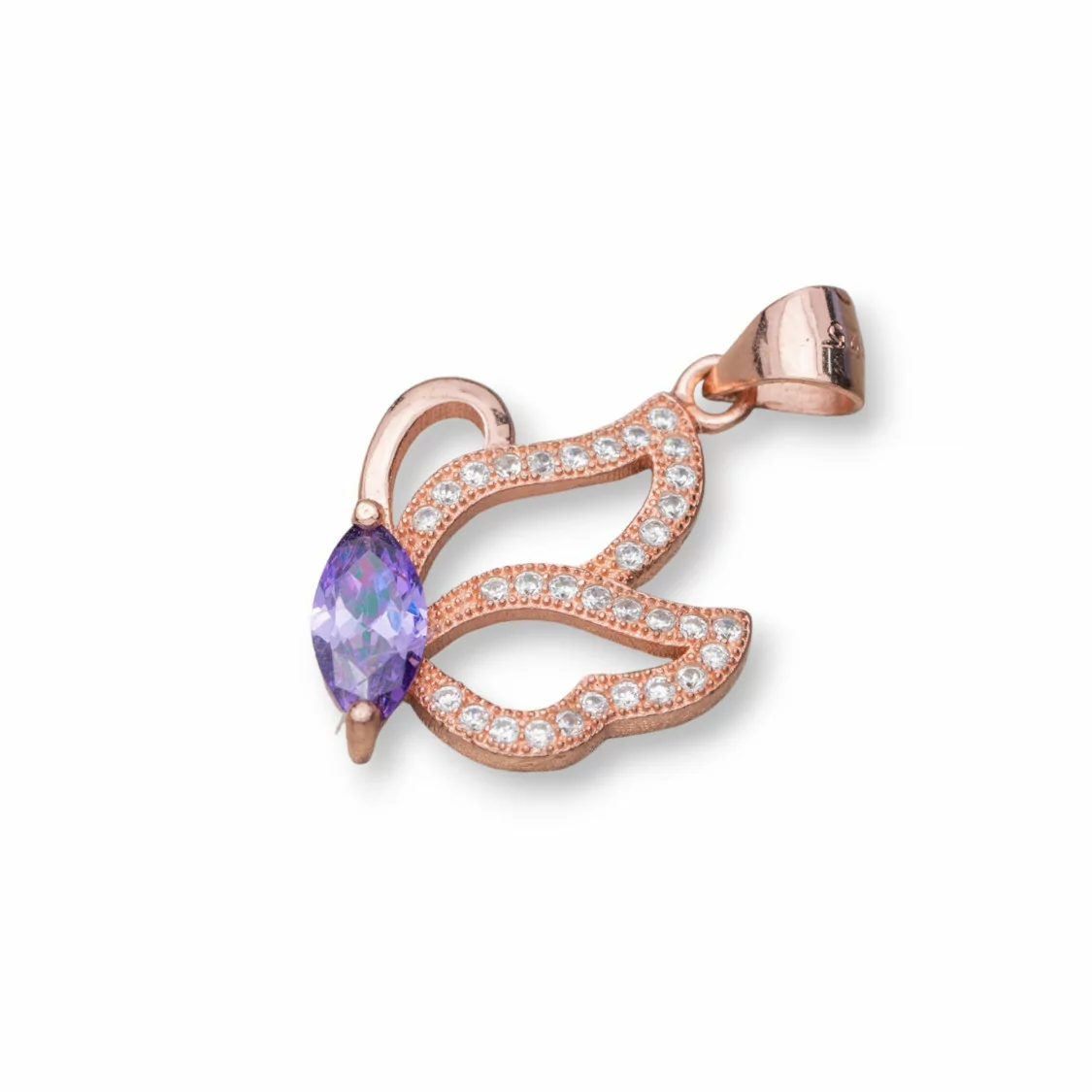 Ciondolo Pendente Di Argento 925 Con Zirconi Farfalla 15x26mm 3pz Oro Rosa Viola-ARGENTO 925 DESIGN ITALY | Worldofjewel.com