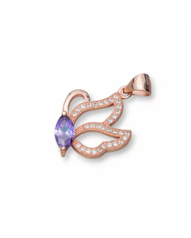 Ciondolo Pendente Di Argento 925 Con Zirconi Farfalla 15x26mm 3pz Oro Rosa Viola-ARGENTO 925 DESIGN ITALY | Worldofjewel.com