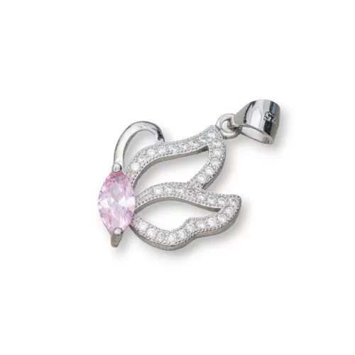 Ciondolo Pendente Di Argento 925 Con Zirconi Farfalla 15x26mm 3pz Rodiato Rosa-ARGENTO 925 DESIGN ITALY | Worldofjewel.com