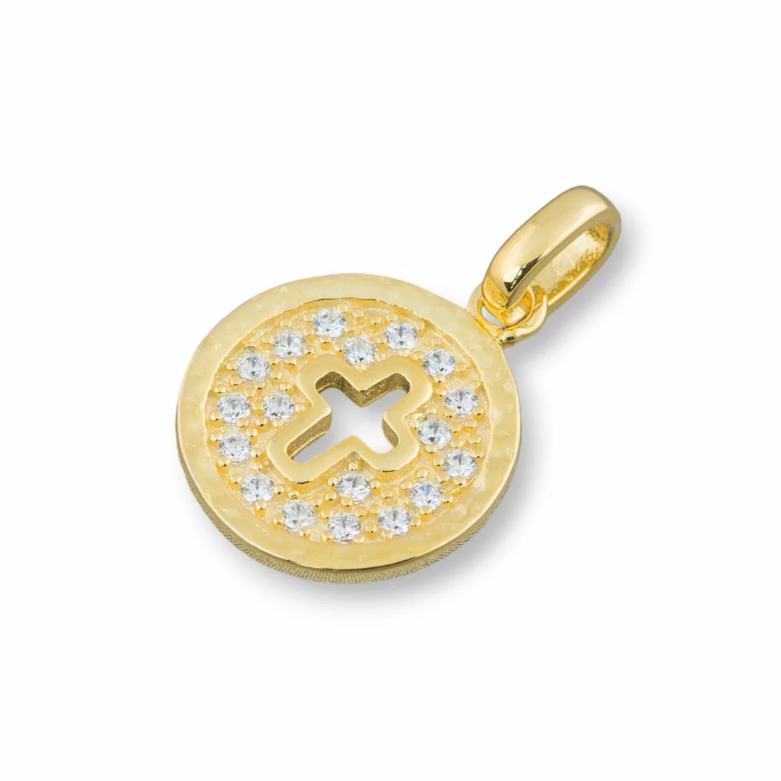 Ciondolo Pendenti Di Argento 925 Coin Lucido 13mm Con Zirconi Incastonati A Croce 5pz Dorato-ARGENTO 925 DESIGN ITALY | Worldofjewel.com