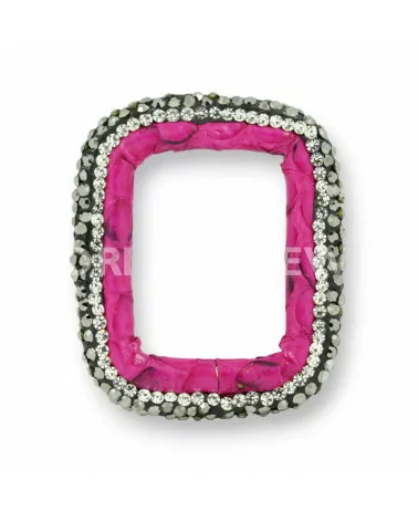 Componente Con Strass Marcasite E Pelle Rettangolo Forato 33x40mm 1pz Fucsia-COMPONENTI DI SIMILPELLE | Worldofjewel.com