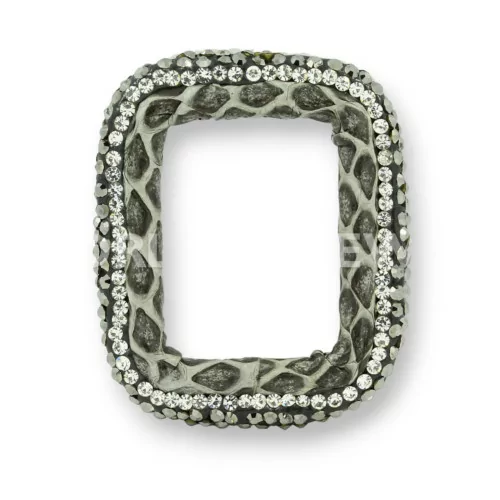 Componente Con Strass Marcasite E Pelle Rettangolo Forato 33x40mm 1pz Grigio-COMPONENTI DI SIMILPELLE | Worldofjewel.com