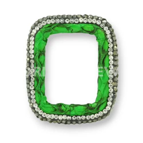 Componente Con Strass Marcasite E Pelle Rettangolo Forato 33x40mm 1pz Verde-COMPONENTI DI SIMILPELLE | Worldofjewel.com