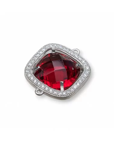 Componente Connettore Di Argento 925 Con Zirconi E Pietre Idrotermali Quadrato 17mm Rosso Rodiato 2pz-CONNETTORI CON PIETRE | Worldofjewel.com