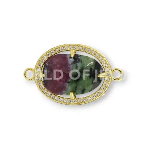 Componente Connettore Di Argento 925 Con Zirconi E Rubyzoisite Ovale 16x21mm Dorato 2pz-CONNETTORI CON PIETRE | Worldofjewel.com