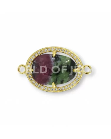 Componente Connettore Di Argento 925 Con Zirconi E Rubyzoisite Ovale 16x21mm Dorato 2pz-CONNETTORI CON PIETRE | Worldofjewel.com