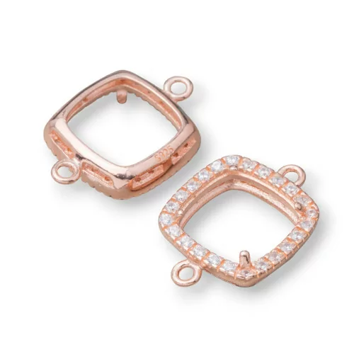 Componente Castone Di Argento 925 Connettore Con Zirconi Quadrato 13mm Interno 9mm 6pz Oro Rosa- CABOCHON DI PIETRE DURE | Worldofjewel.com