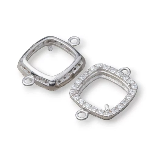 Componente Castone Di Argento 925 Connettore Con Zirconi Quadrato 13mm Interno 9mm 6pz Rodiato- CABOCHON DI PIETRE DURE | Worldofjewel.com