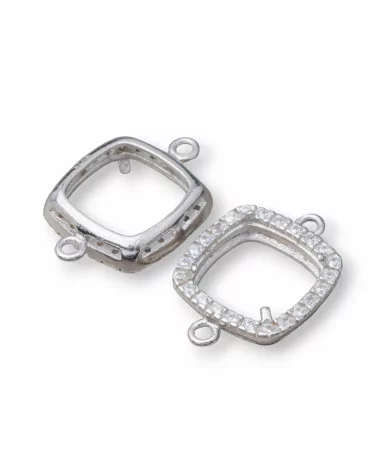 Componente Castone Di Argento 925 Connettore Con Zirconi Quadrato 13mm Interno 9mm 6pz Rodiato- CABOCHON DI PIETRE DURE | Worldofjewel.com