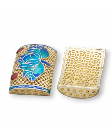 Componente Connettore Di Ottone Smaltato Cloisonne' 42x22mm 2pz Fiore Loto-CONNETTORI LISCI | Worldofjewel.com