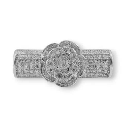 Connettore Componente Di Argento 925 Tubo Con Fiore E Zirconi 07x24mm 1pz Rodiato-CONNETTORI PAVE' | Worldofjewel.com