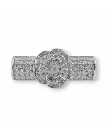 Connettore Componente Di Argento 925 Tubo Con Fiore E Zirconi 07x24mm 1pz Rodiato-CONNETTORI PAVE' | Worldofjewel.com