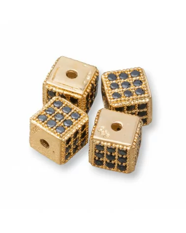 Distanziatore Di Argento 925 Cubo 5,5mm Foro Piccolo Dorato Con Zirconi Nero 8pz-CONNETTORI CON STRASS | Worldofjewel.com