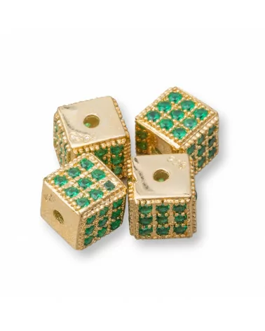 Distanziatore Di Argento 925 Cubo 5,5mm Foro Piccolo Dorato Con Zirconi Smeraldo 8pz-CONNETTORI CON STRASS | Worldofjewel.com